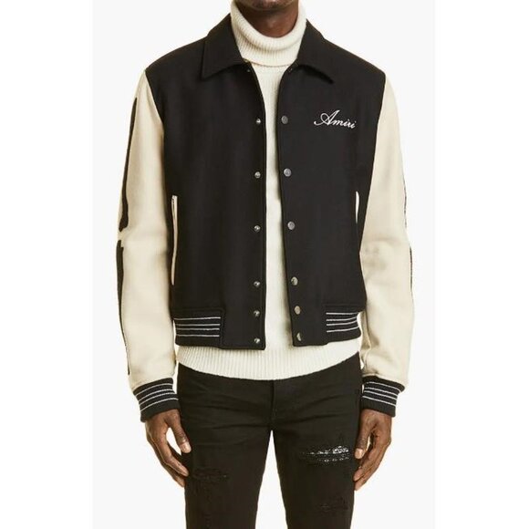 AMIRI Men's Bones Varsity Jacket Size M In Black & Off-White